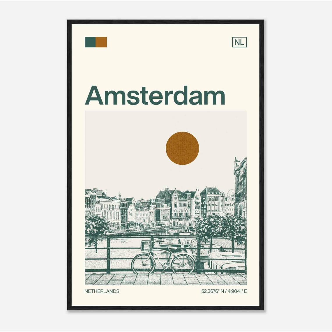 Amsterdam Netherlands Canal Bicycle Bridge Vintage Travel Poster