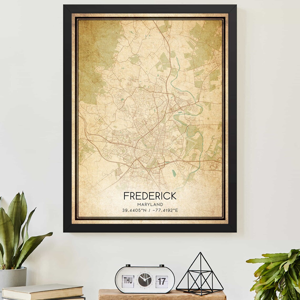 Vintage Frederick Maryland City Map With Coordinates Beige Street Poster