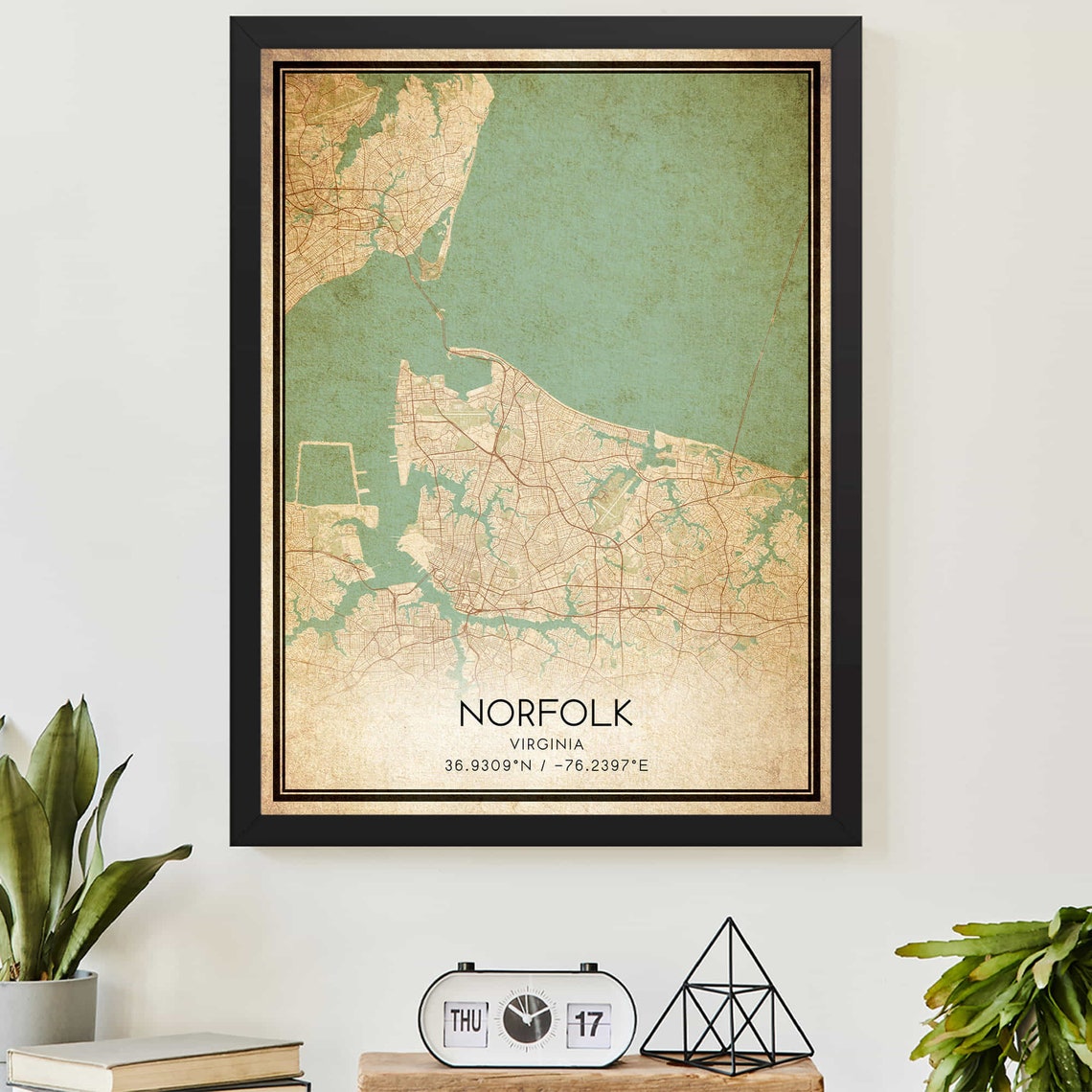 Norfolk Virginia Vintage Coastal City Map Poster for Navy Homes
