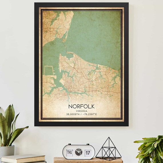 Norfolk Virginia Vintage Coastal City Map Poster for Navy Homes
