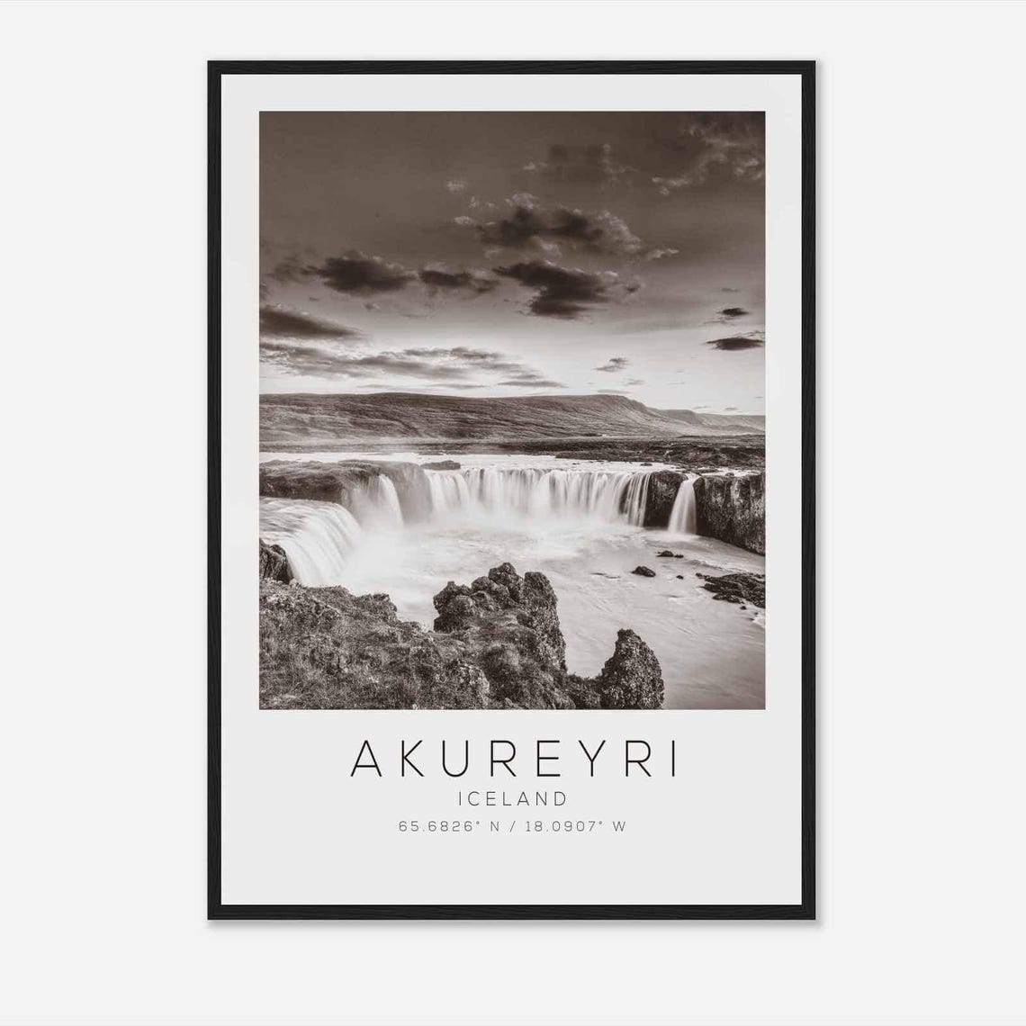 Akureyri Iceland Black White Waterfall River Canyon Travel Poster