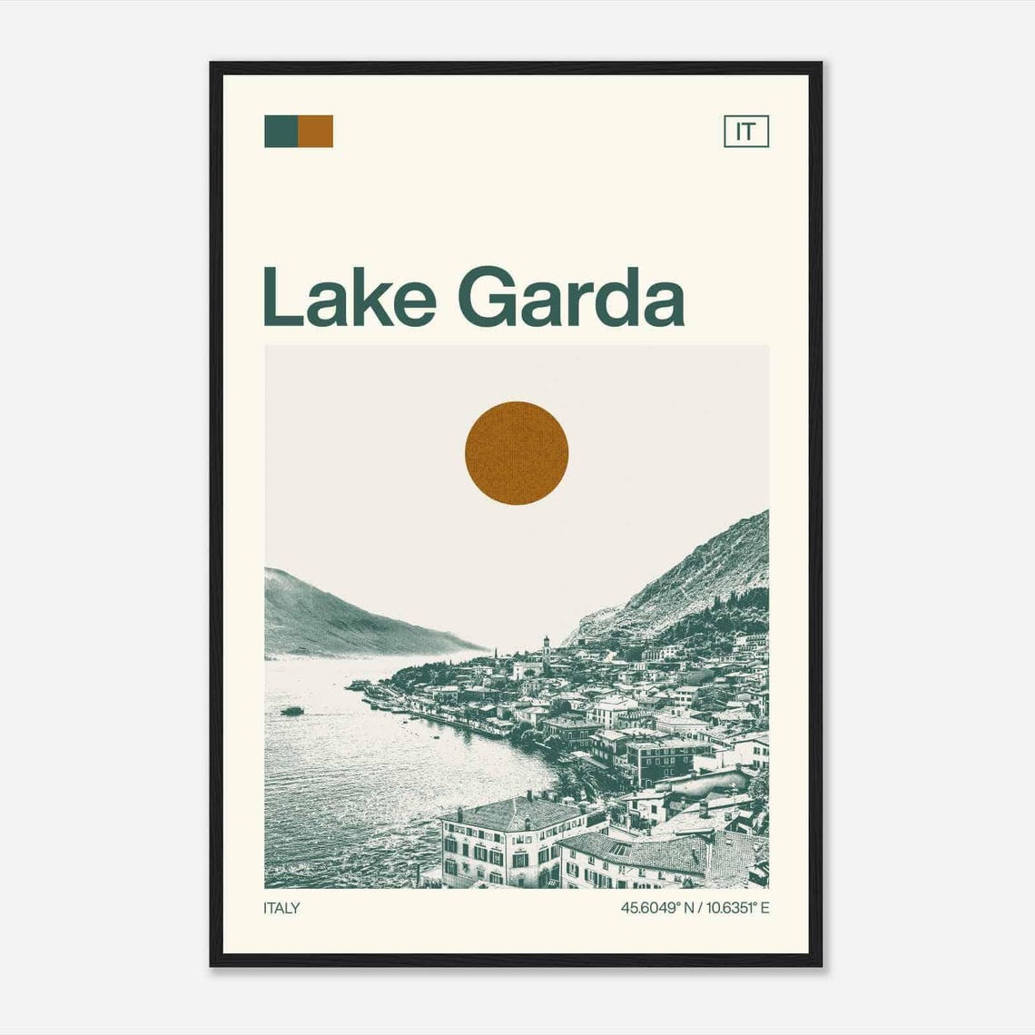 Lake Garda Italy Lakeside Town Hillside View Duotone Travel Poster