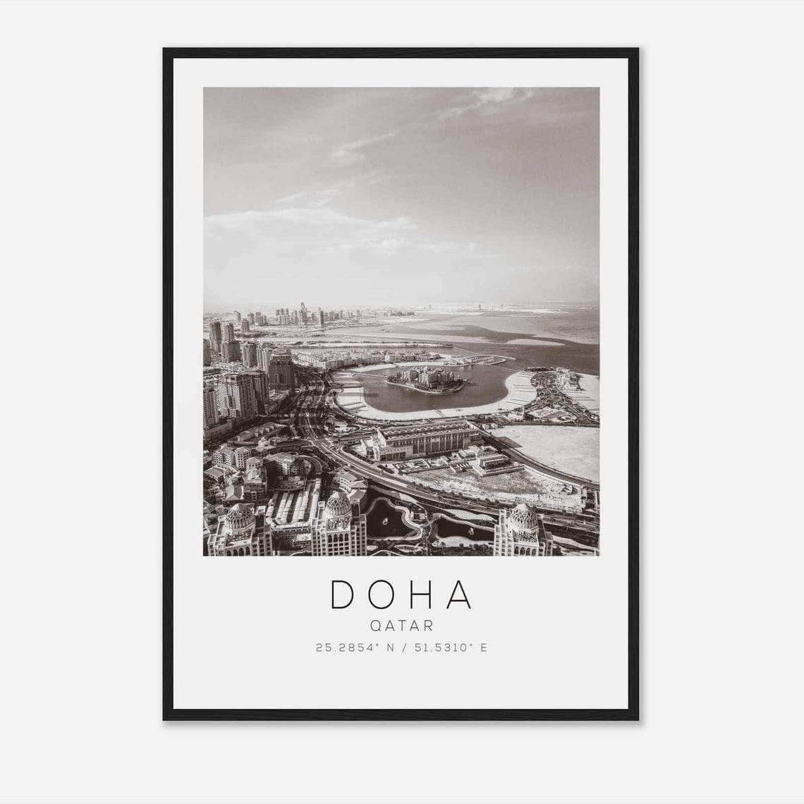 Doha Qatar Black And White Aerial Harbor Skyline Photography Poster