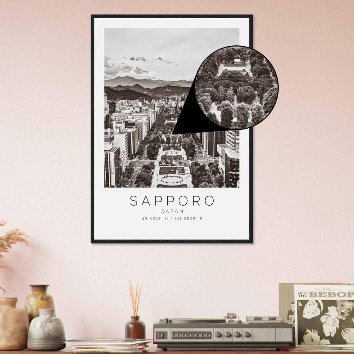 Sapporo Japan Odori Park Aerial View Black and White Travel Poster - Image 4