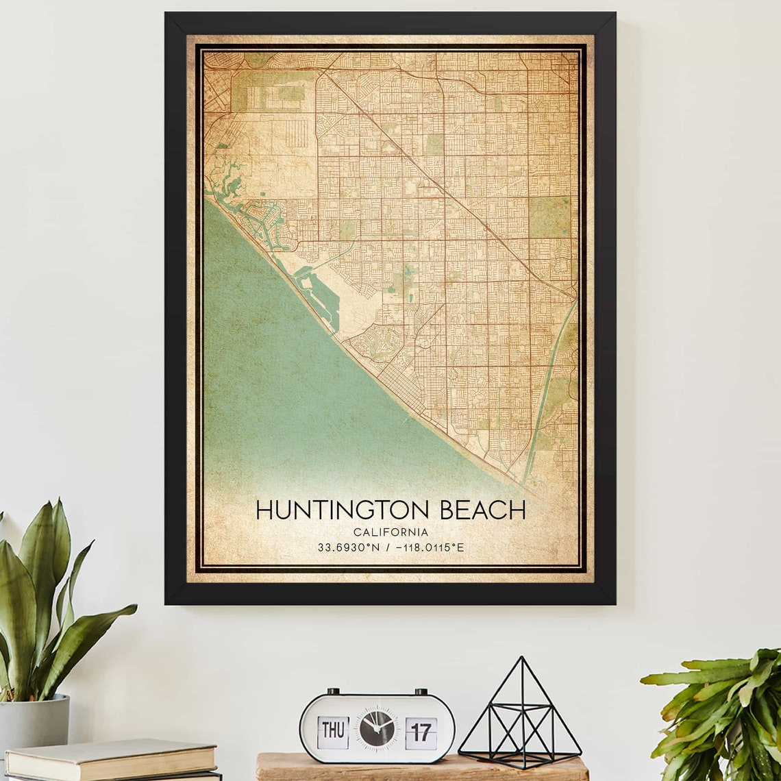 Huntington Beach California Vintage Street Map Coordinate Art Poster