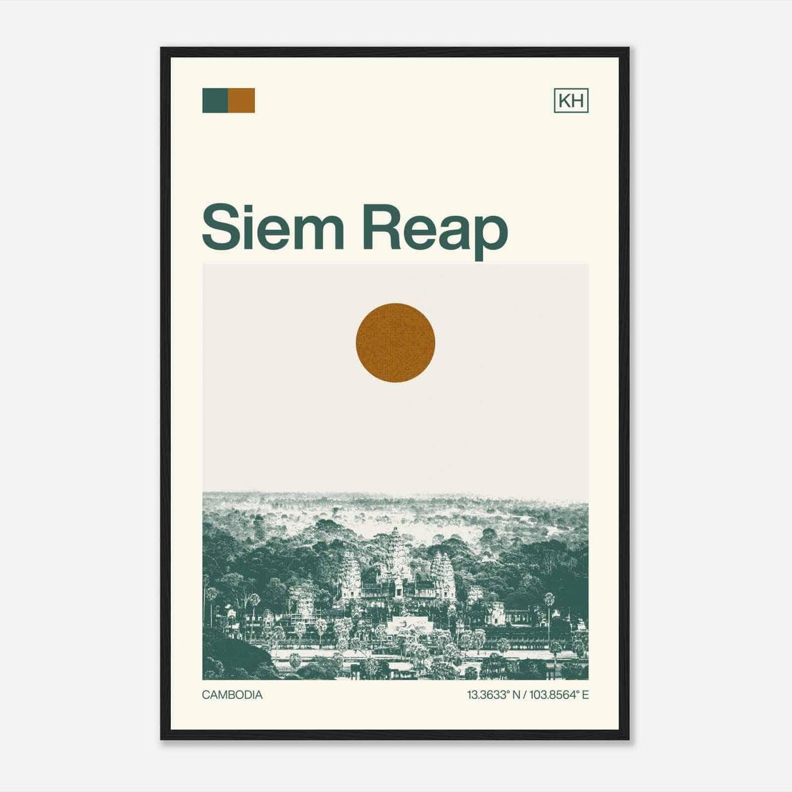 Siem Reap Cambodia Angkor Wat Temple Jungle Sun Duotone Travel Poster