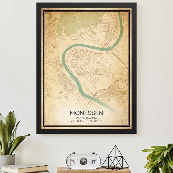 Monessen Pennsylvania Vintage Map Art Print with River and Coordinates