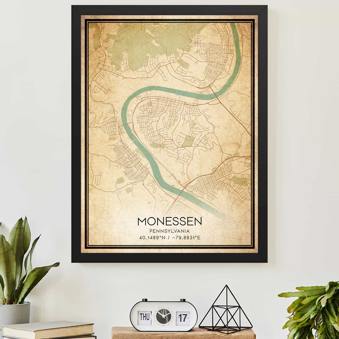 Monessen Pennsylvania Vintage Map Art Print with River and Coordinates