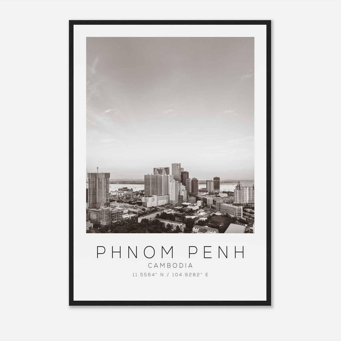 Phnom Penh Cambodia Skyline Riverside Black White Photo Poster