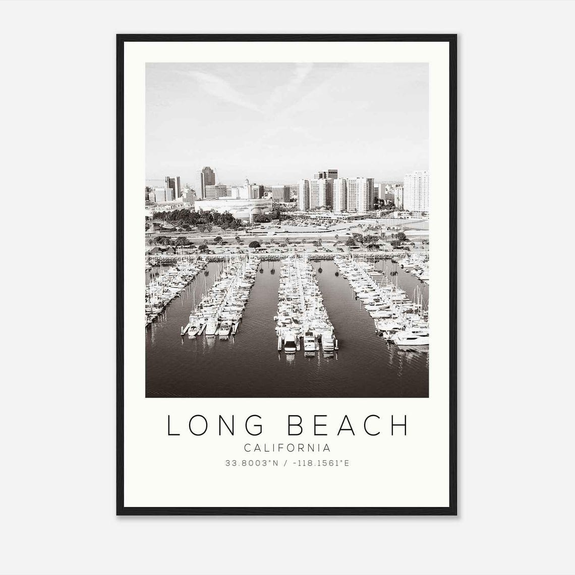 Long Beach California Marina Harbor Aerial Black And White Poster