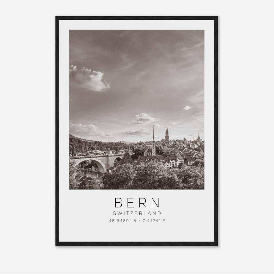 Bern Switzerland Old Town Bridge Black White Minimalist Poster