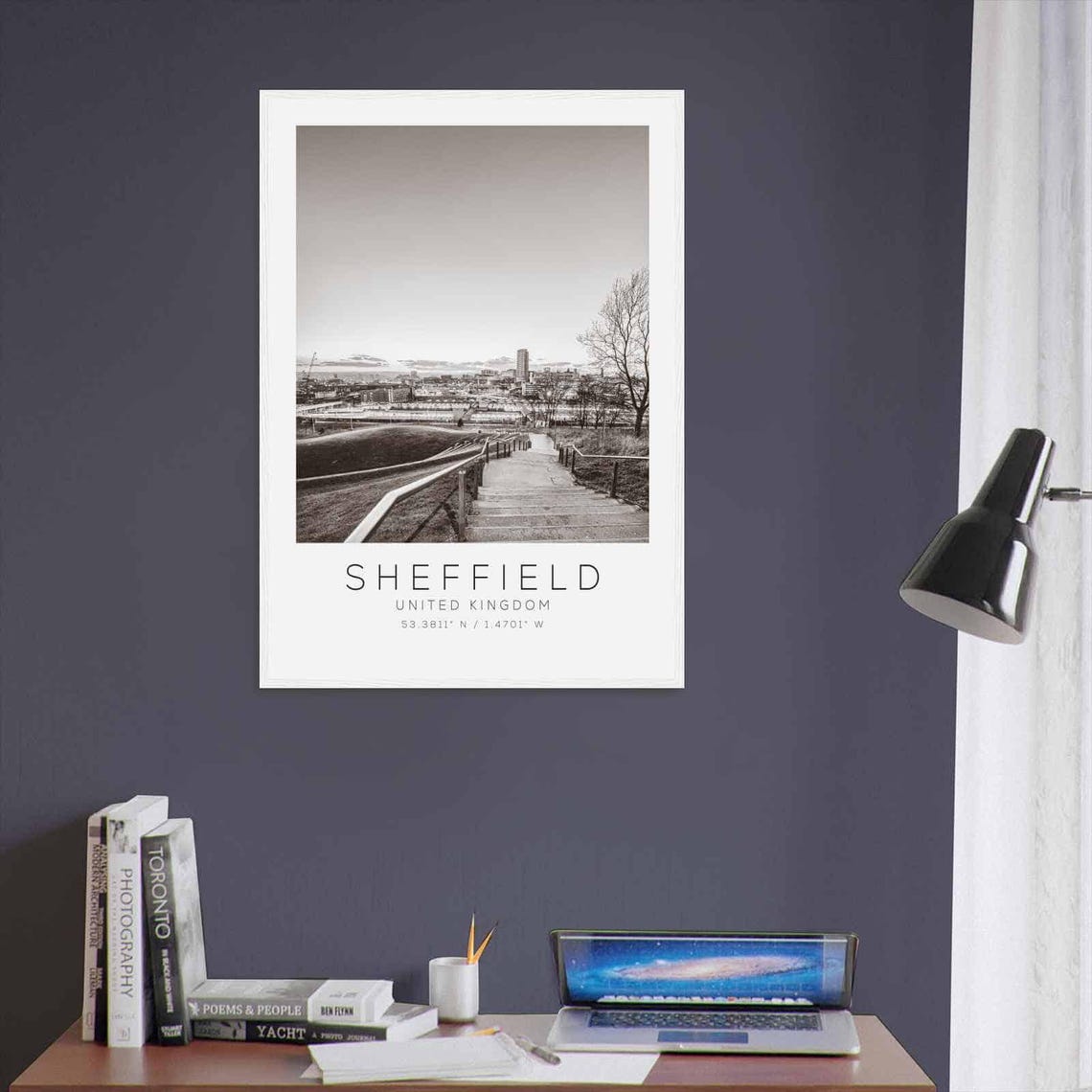 Sheffield UK City View Hill Steps Sunset Black and White Photo Poster - Image 3