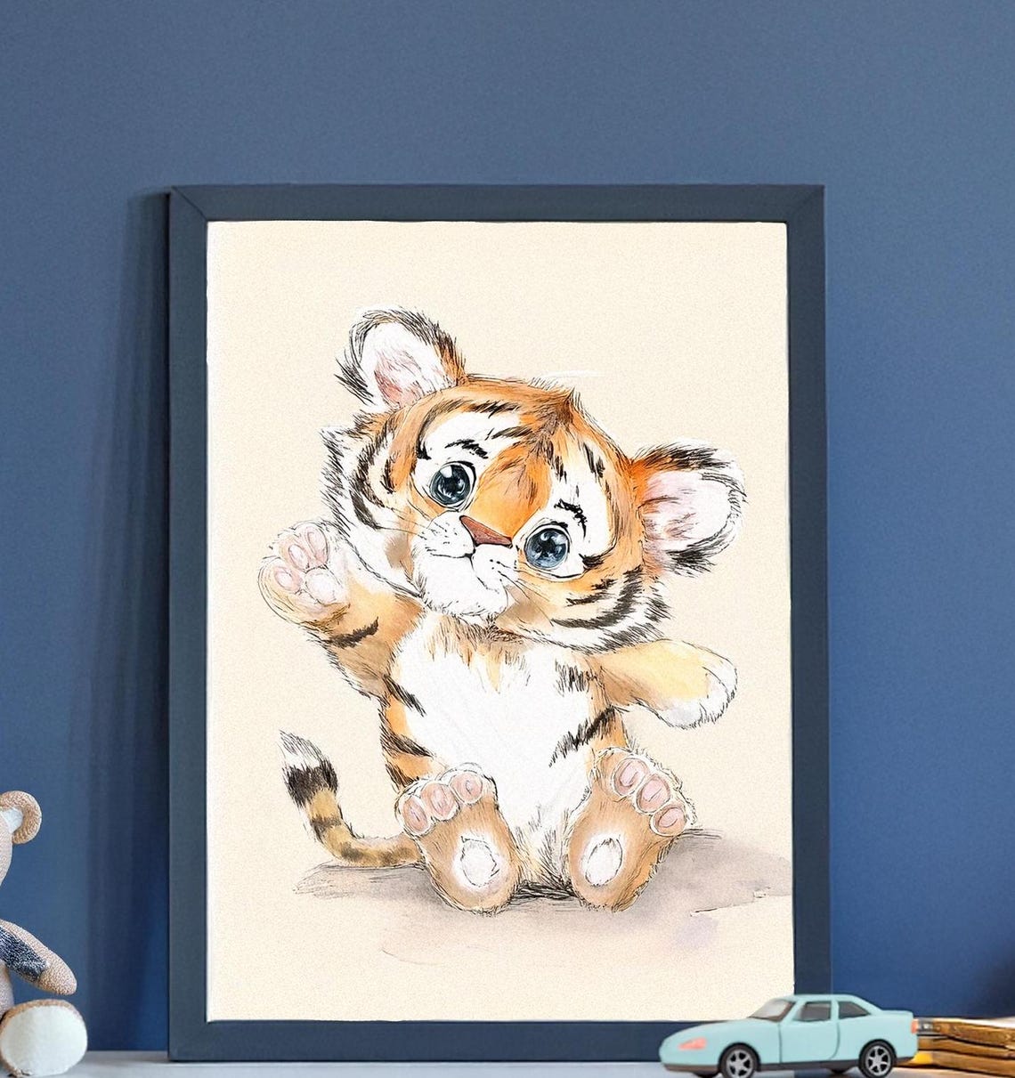 Cute Watercolor Tiger Cub With Big Blue Eyes Nursery Decor Poster - Image 3