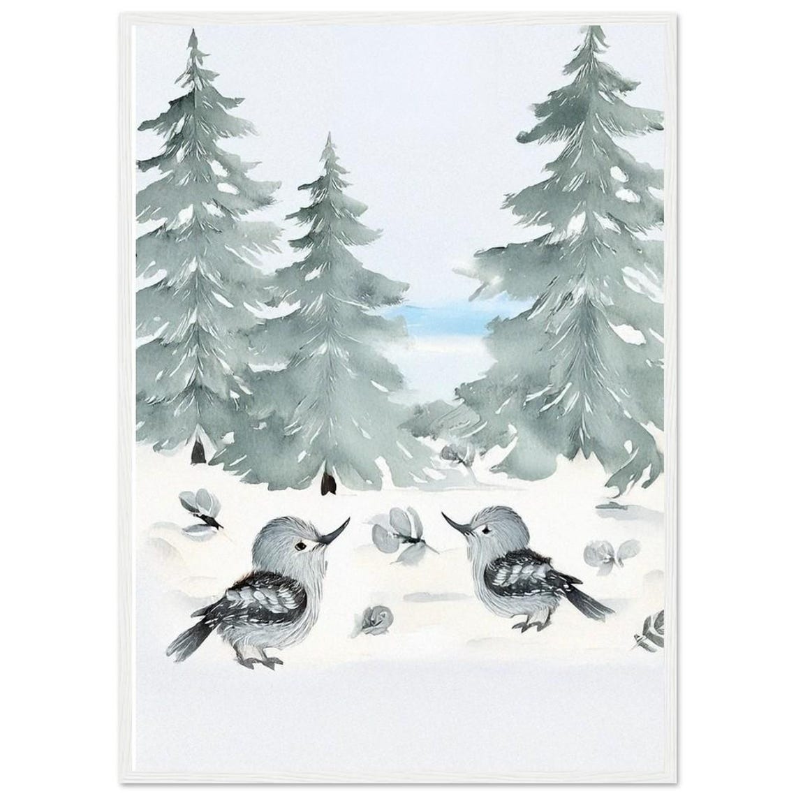 Two Winter Songbirds in Snowy Forest Watercolor Nursery Poster - Image 3