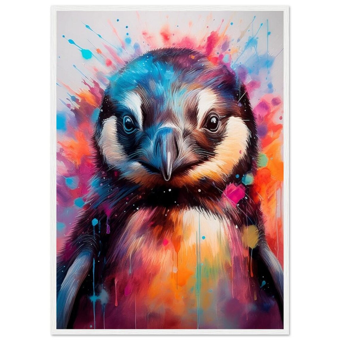 Colorful Watercolor Penguin Portrait Splash Art Kids Room Poster - Image 2