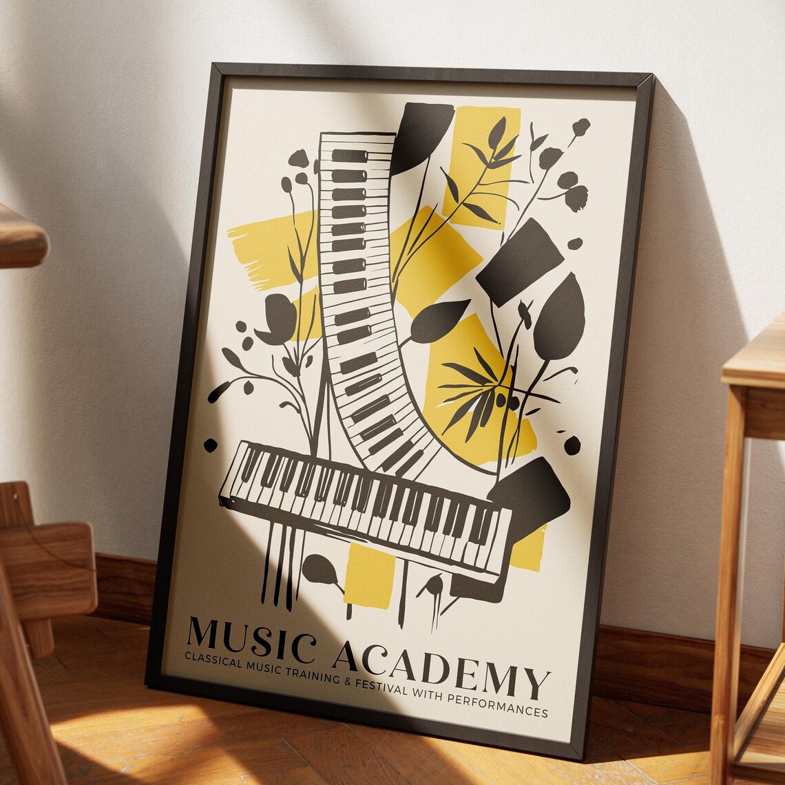 Music Academy Yellow Piano Keys Botanical Modern Graphic Poster