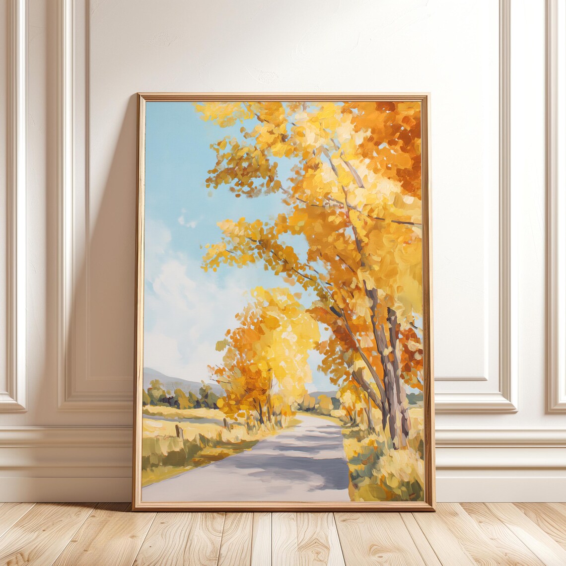 Golden Autumn Landscape Painting Bright Fall Trees Wall Art Countryside Road Print
