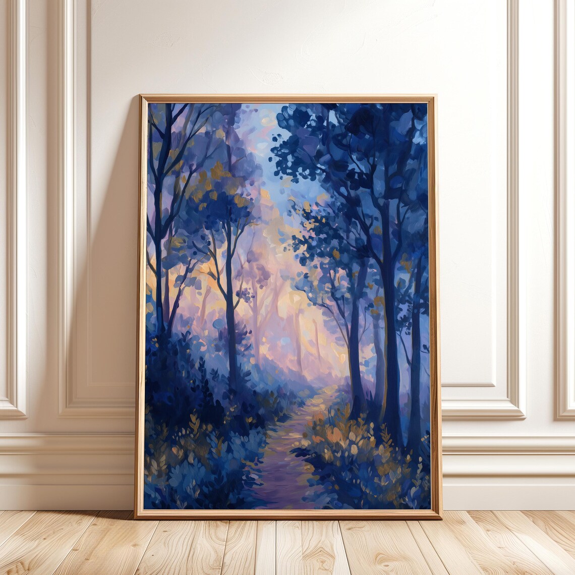 Misty Forest Wall Art Purple Blue Sunset Landscape Painting Autumn Woods Print