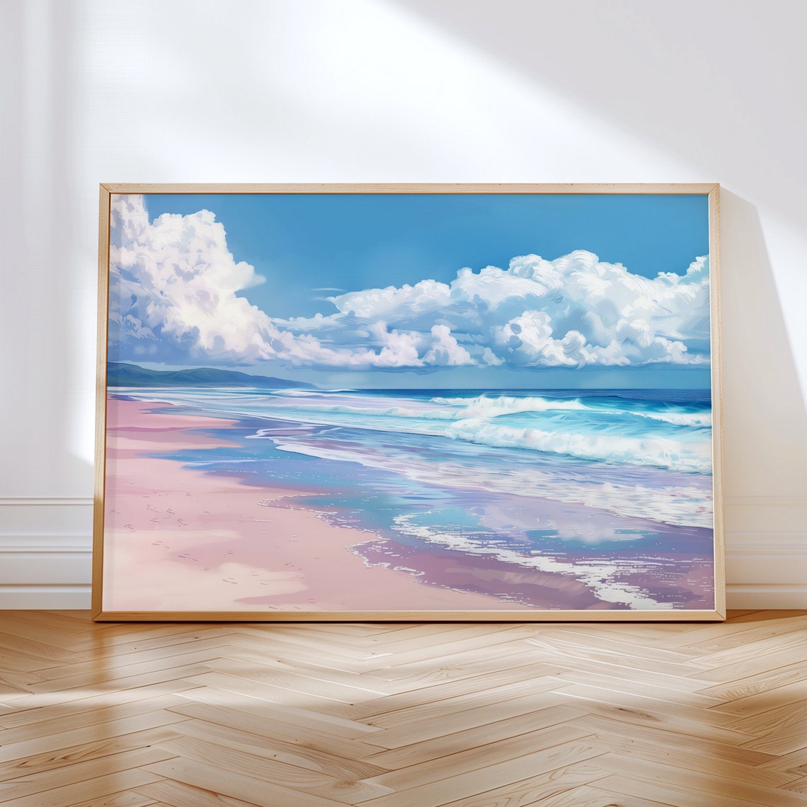 Pastel Beach Painting Turquoise Waves Pink Sand Coastal Wall Art