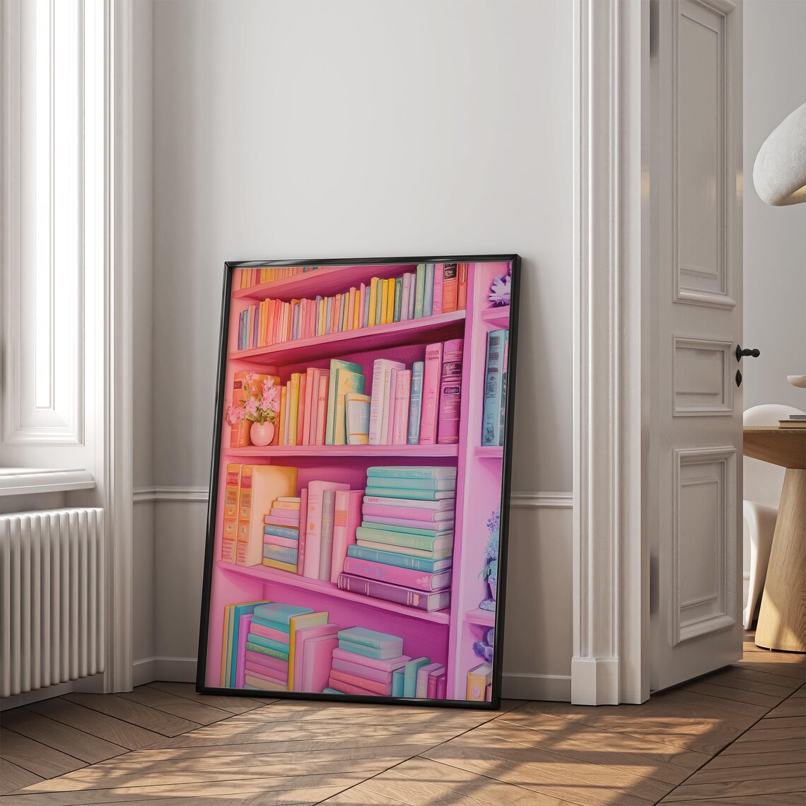 Pink Bookshelf Painting, Colorful Abstract Book Art - Image 2