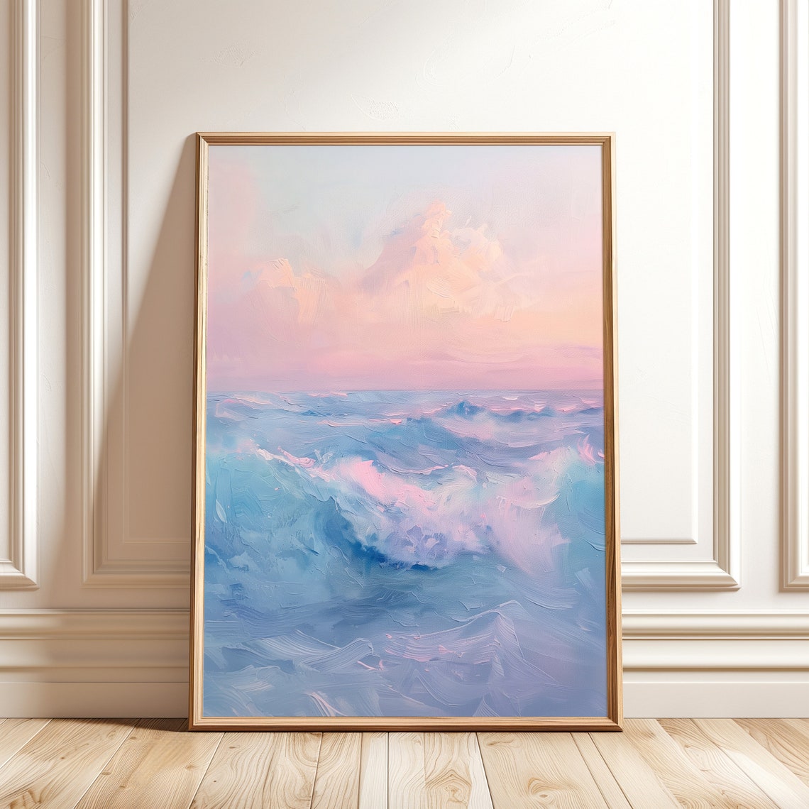 Pink Ocean Waves Pastel Seascape Soft Abstract Painting Wall Art