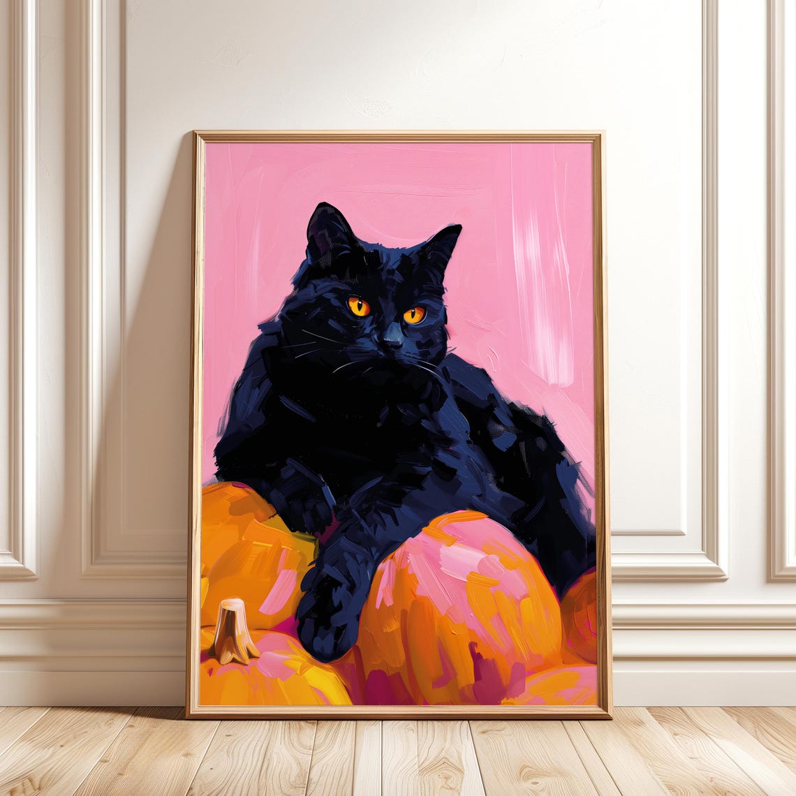 Black Cat Halloween Painting Pink Background Pumpkins Wall Art