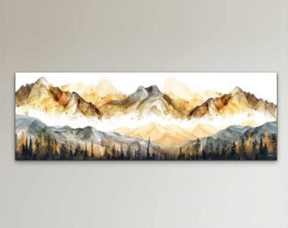 Panoramic Golden Mountain Landscape Ready To Hang Wall Art Print Mountain Art Golden Mountain Art Panoramic Wall Art