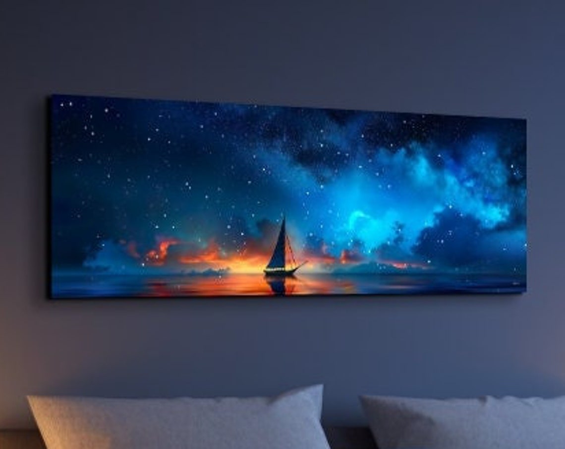 Starry Night Sailboat on Glowing Ocean Sunset Panoramic Poster