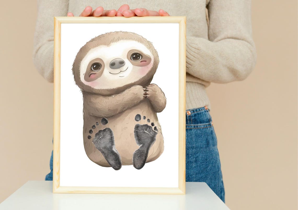 Cute Smiling Sloth With Baby Footprint Nursery Keepsake Poster - Image 2