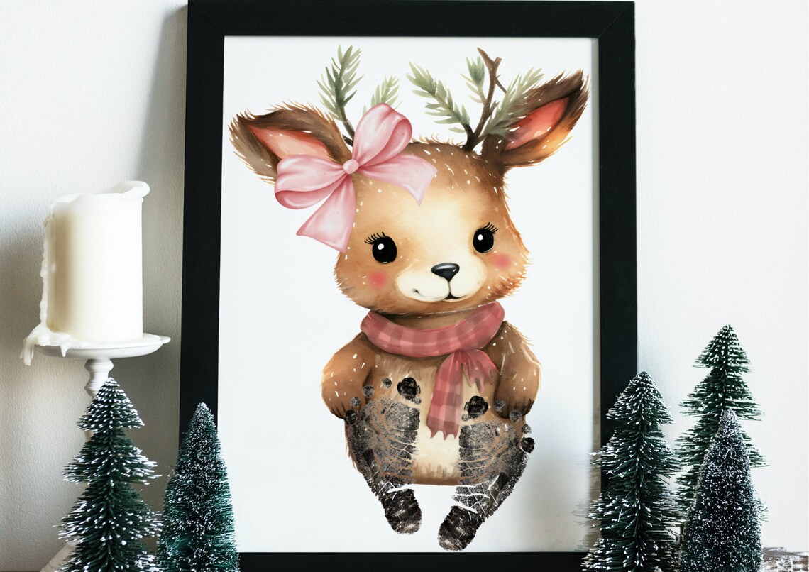 Deer Girl With Pink Bow Scarf Baby Footprint Keepsake Poster - Image 3