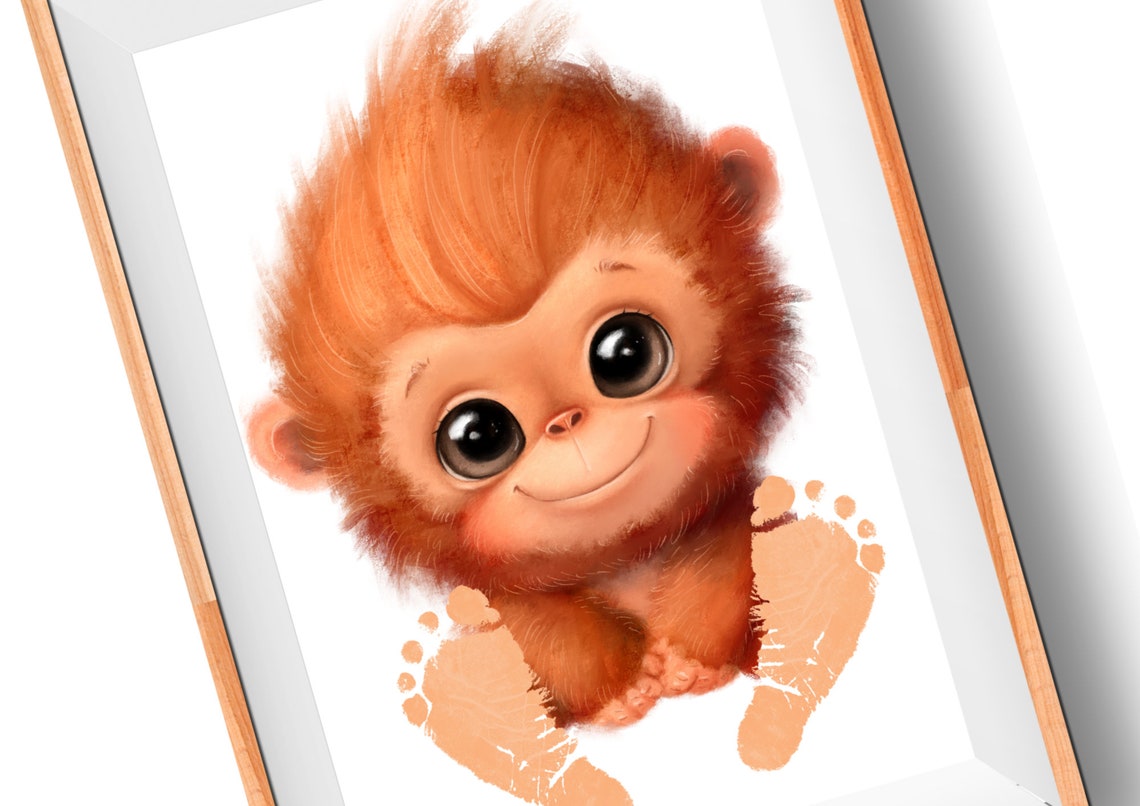 Cute Sweet Orange Monkey Baby Footprint Nursery Keepsake Poster - Image 3