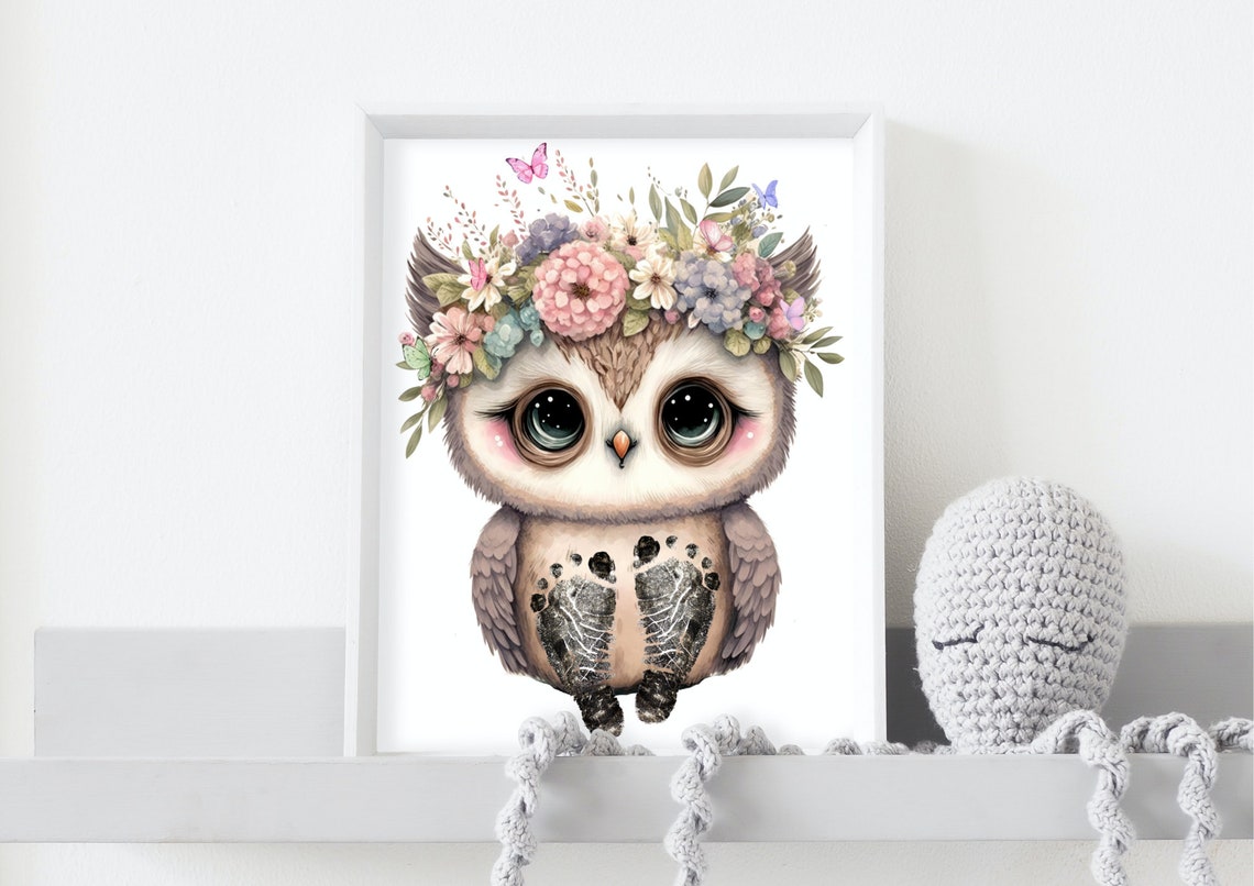 Owl With Flower Crown And Butterflies Footprint Keepsake Poster - Image 4