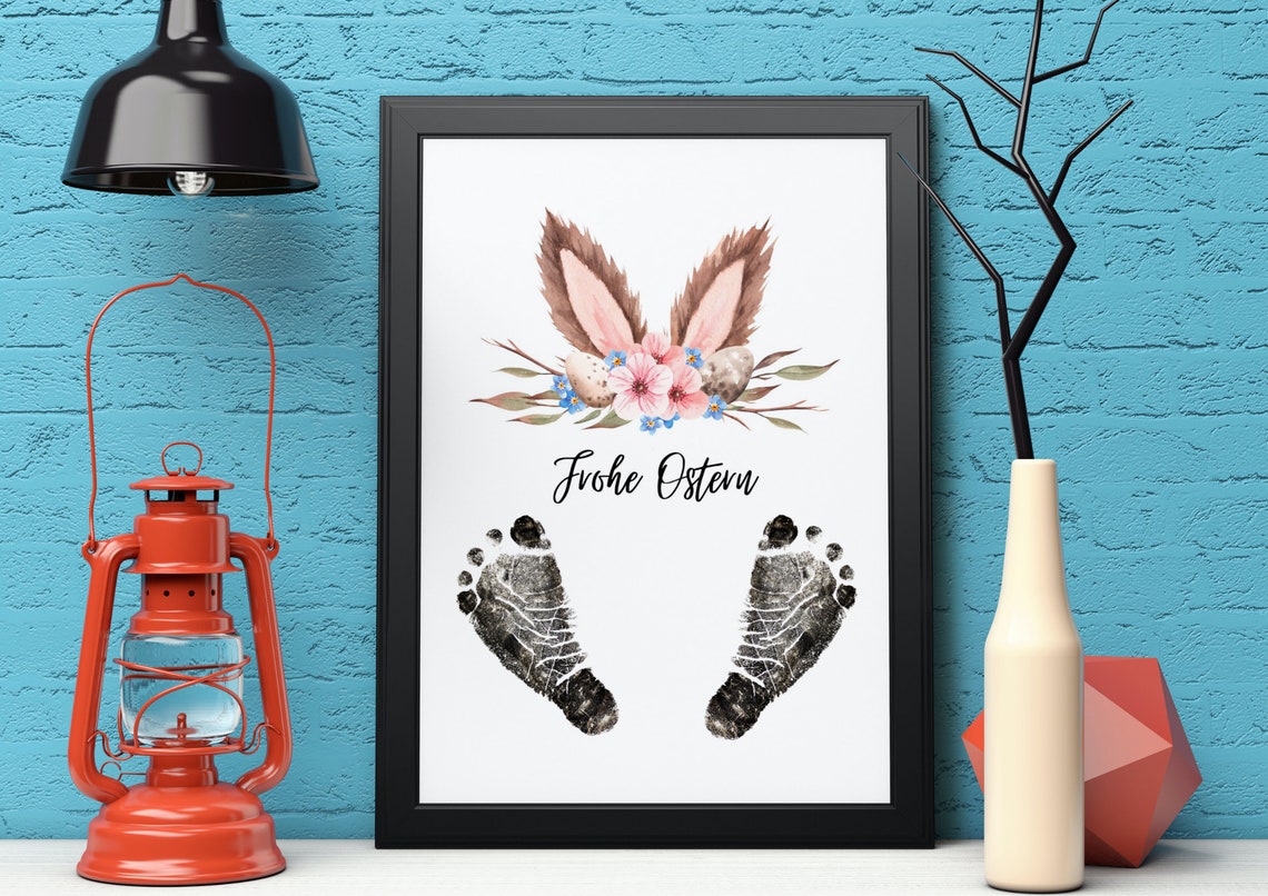 Happy Easter Bunny Ears Floral Footprint Baby Keepsake Poster - Image 2