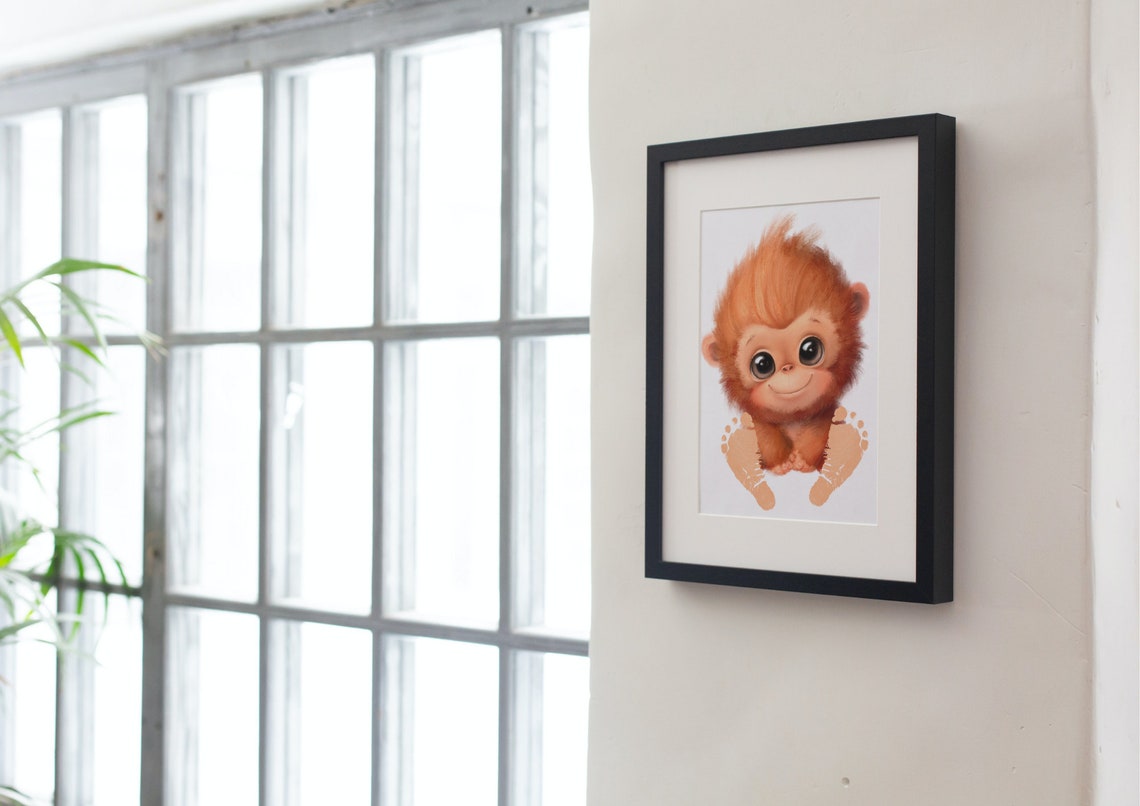 Cute Sweet Orange Monkey Baby Footprint Nursery Keepsake Poster - Image 2