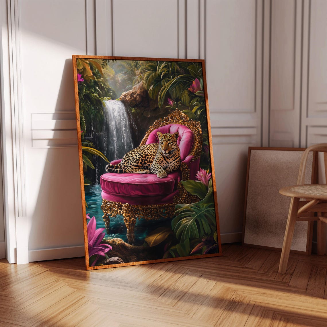 Leopard Lounging Pink Velvet Chair Jungle Waterfall Art Poster - Image 2