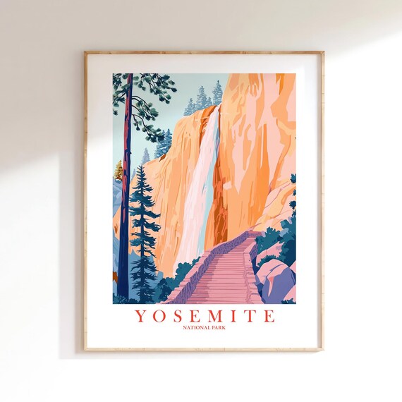 Yosemite National Park Waterfall Trail Colorful Landscape Art Poster