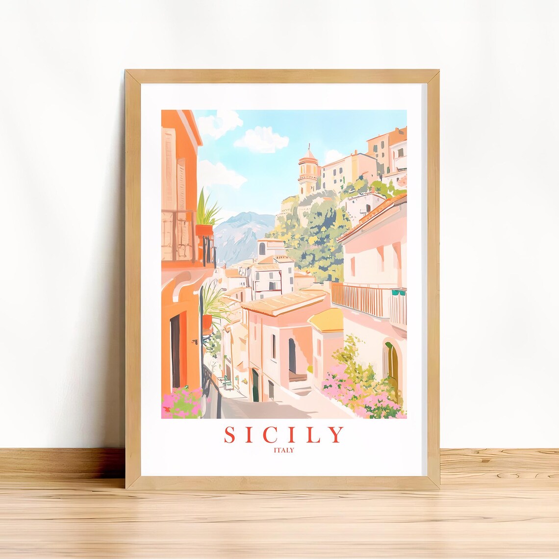 Sicily Italy Pastel Village Street Church Hillside Travel Poster
