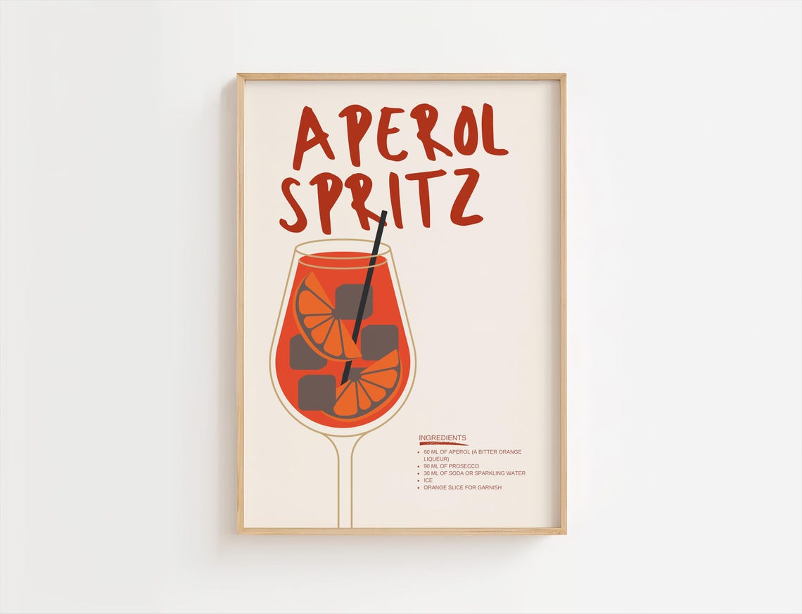 Aperol Spritz Cocktail Recipe Retro Orange Summer Bar Poster