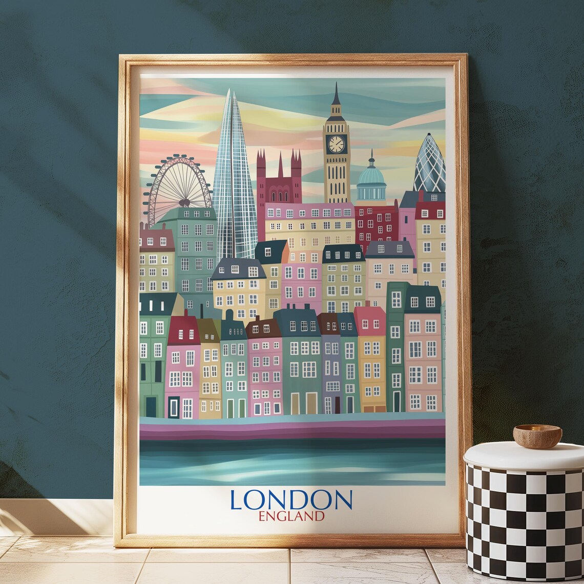 London England Colorful Illustrated Skyline City Landmarks Poster
