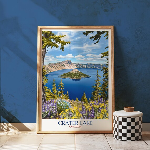 Crater Lake Oregon Vintage Travel Style Blue Caldera View Poster