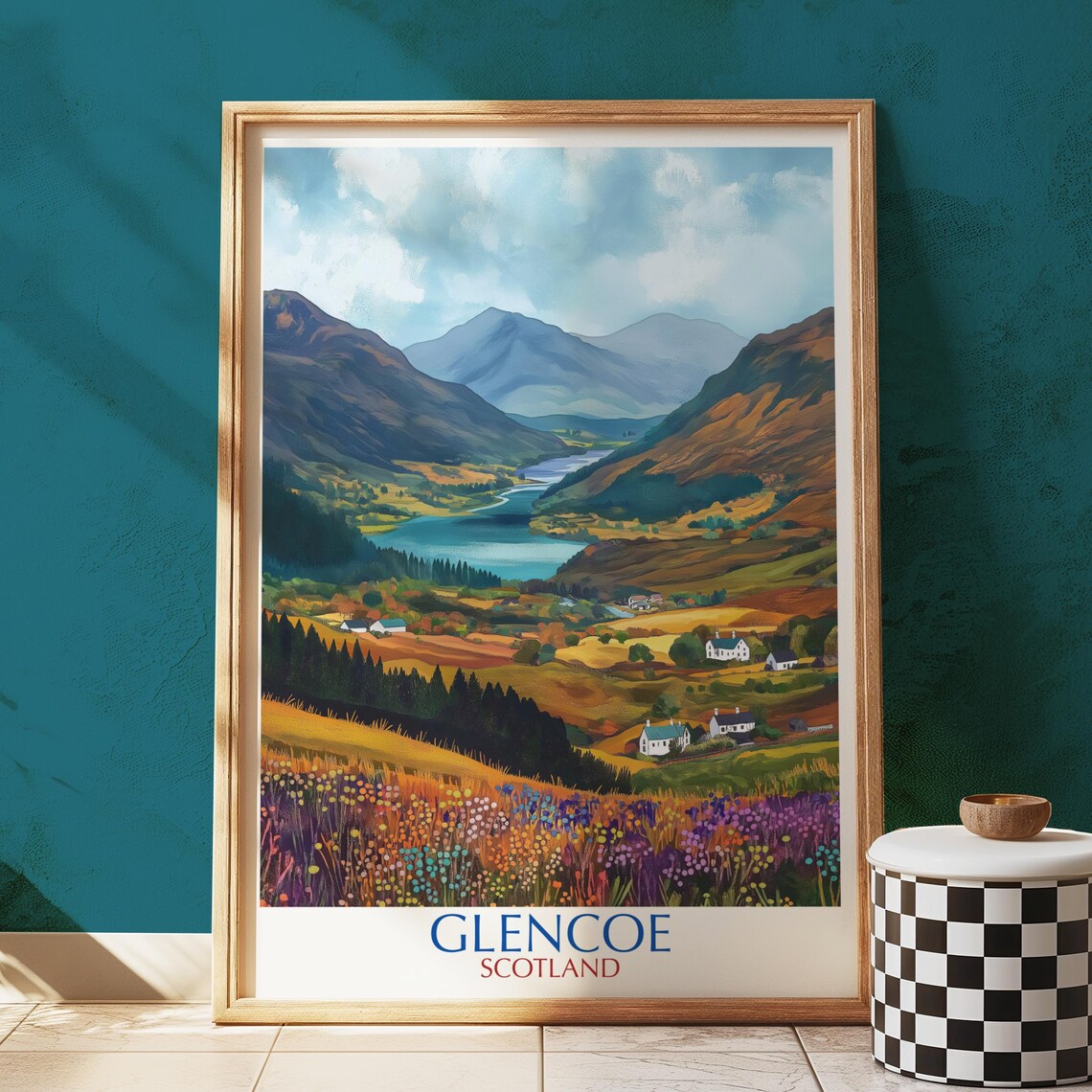 Glencoe Scotland Valley Mountains Wildflowers Travel Illustration Poster