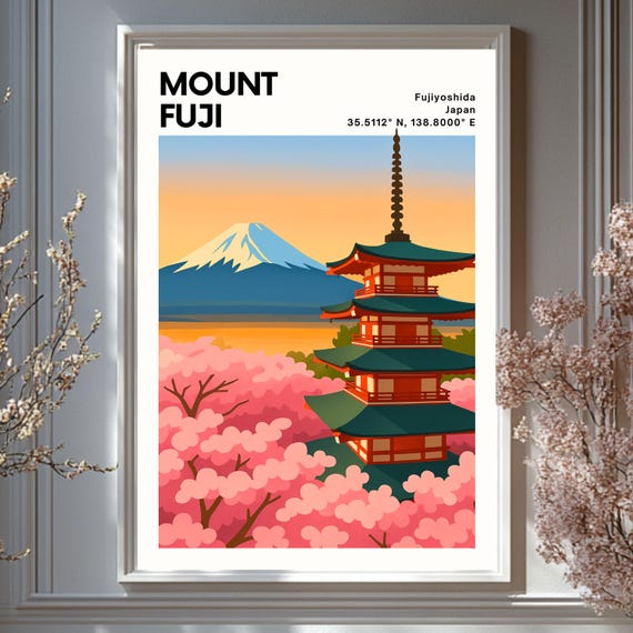 Mount Fuji Print Japan Pagoda Cherry Blossom Landscape