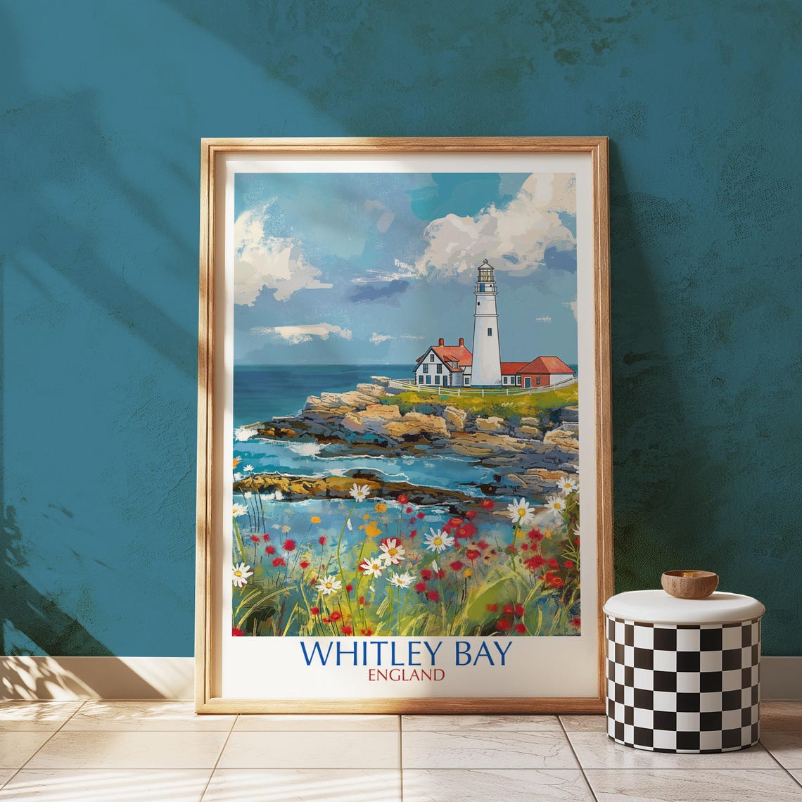 Whitley Bay England Lighthouse Rocky Coast Wildflowers Travel Poster