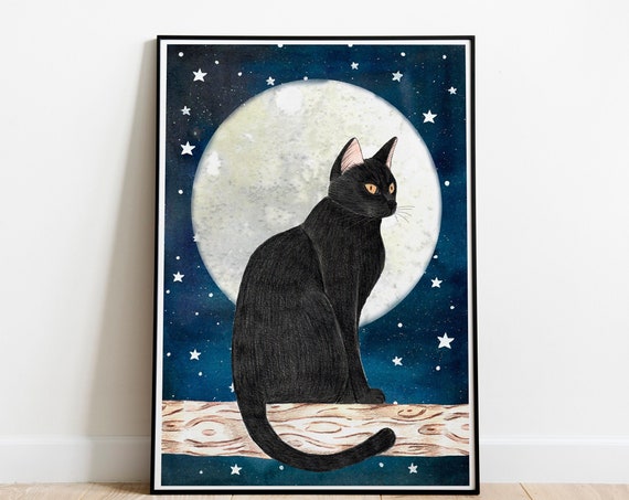 Cat In The Moon Art Print, Starry Sky Poster