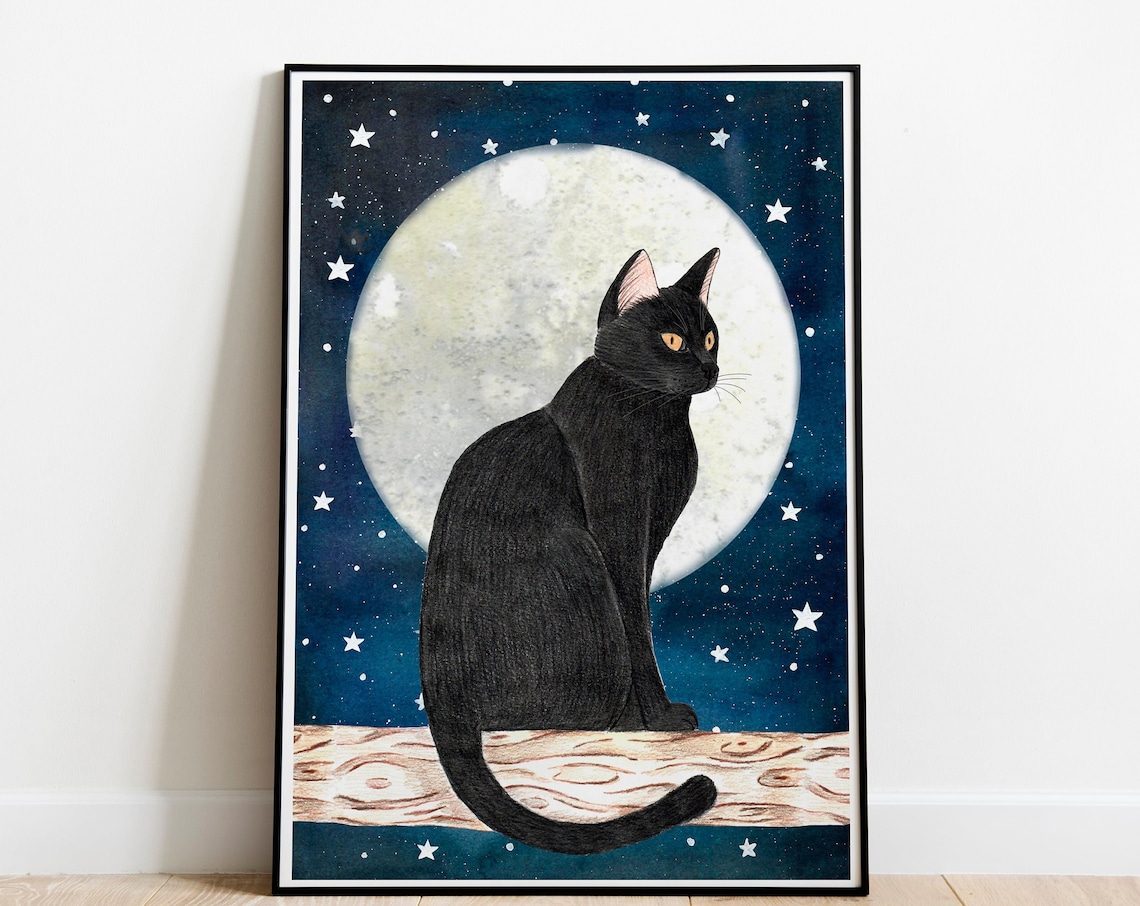 Cat In The Moon Art Print, Starry Sky Poster