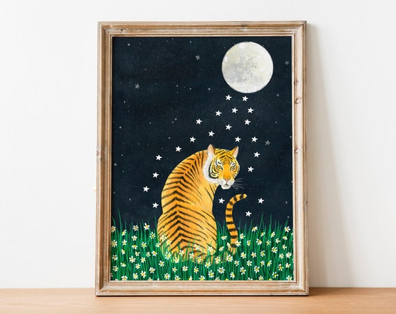 Tiger Animal Illustration, Jungle Moon Art Print