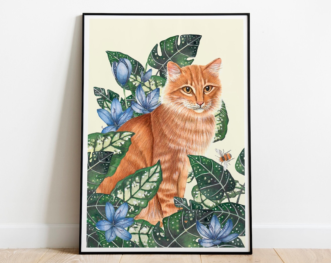 Ginger Cat Tabby and Plants Art Print