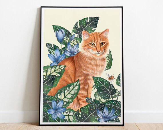 Ginger Cat Tabby and Plants Art Print