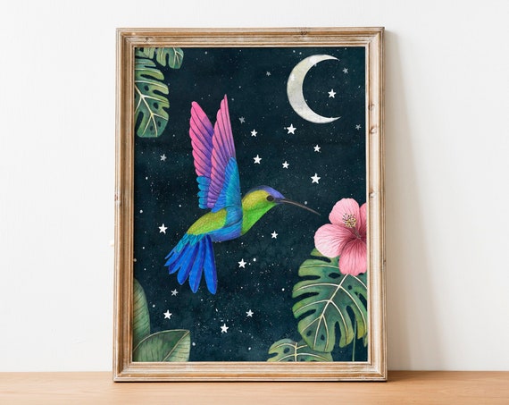 Hummingbird and Moon Night Art Print