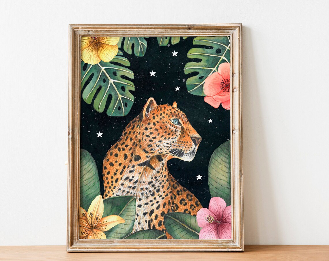 Majestic Leopard Starry Night Sky Tropical Floral Jungle Poster